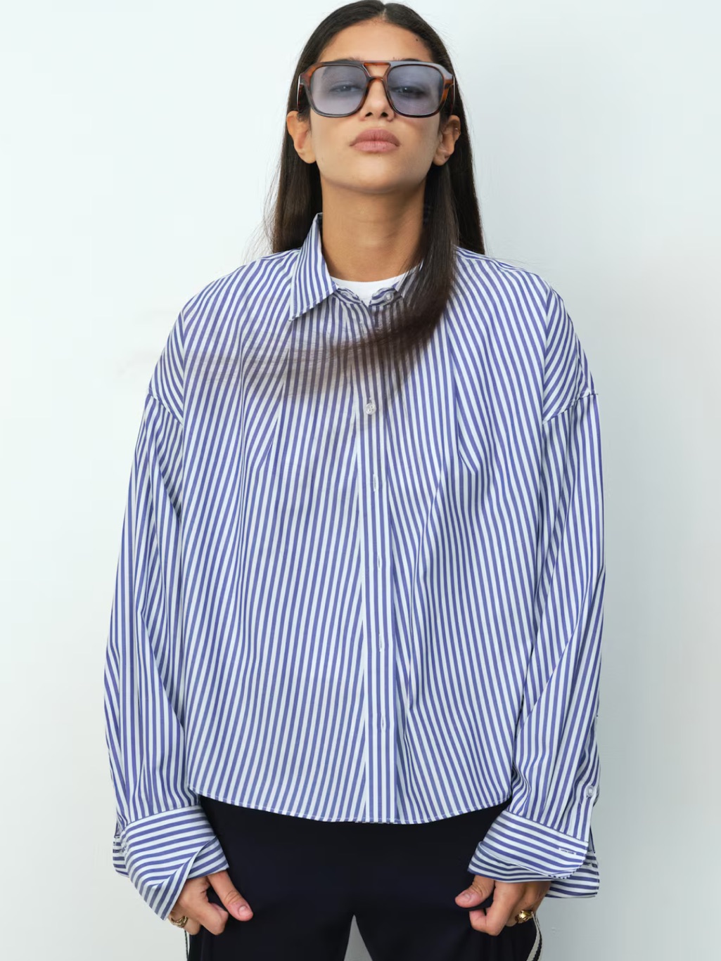 H&M X Divided Blue White Striped Boxy Cropped Silhouette Long Sleeve Shirt